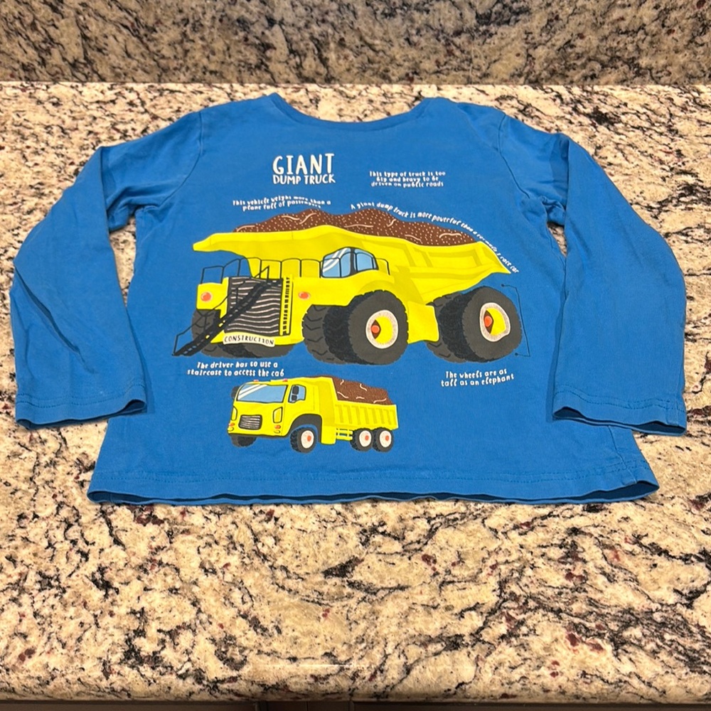 “Mini Boden” Kids Blue Dump Truck Shirt, Size 6-7, Long Sleeve, EUC